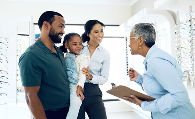 Sticker - Family, optometry and eye care with a woman optometrist in a clinic to see a patient for vision assessment. Mother, father and daughter at the optician for an appointment to test eyesight for kids