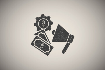 Poster - Megaphone money dollar icon vector illustration in stamp style