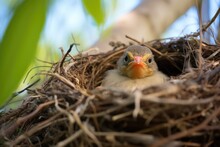 Baby Bird In A Nest Mimicking Mother Bird