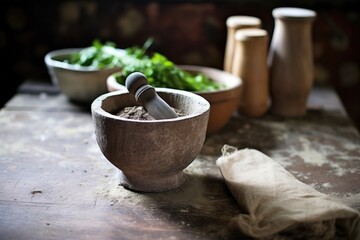 Poster - mortar and pestle on a rustic kitchen table