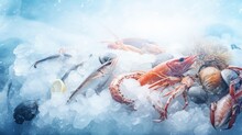 Panoramic Web Banner Crop Top View Of Variety Of Fresh Luxury Seafood, Lobster Salmon Mackerel Crayfish Prawn Octopus Mussel And Scallop, On Ice Background With Icy Smoke In Seafood Market.