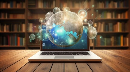 Poster - E-learning online education or internet encyclopedia concept. Open laptop and book compilation in a classroom. 3d illustration