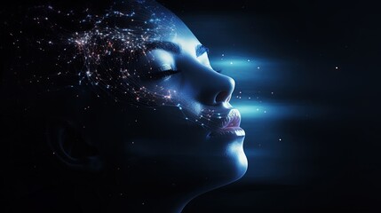 Poster - Responsive web banner design with illustration of human face made by tiny particles between glowing digital network for Artificial Intelligence (AI) deep learning concept.