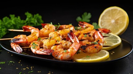Poster - Grilled shrimps on skewers with lemon and garlic. Seafood. On a stone background.
