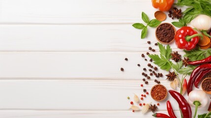 Poster - Vegetables, spices and herbs on a white wooden background. Kitchen background. Top view. Free space for text.