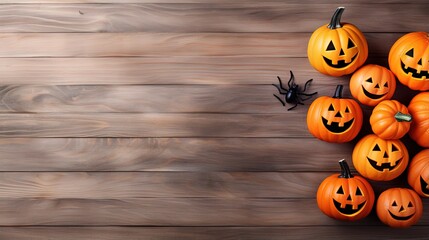 Poster - Top view of Halloween crafts, orange pumpkin, ghost, bat and spider on pastel wooden background with copy space for text. halloween concept.