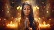 Holy spirituality, world human spirit and religion day concept with woman prayer praying in peace under gold candle light bokeh