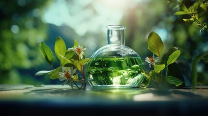 Poster - Natural organic extraction and green herbal leaves, Flower aroma essence solution in laboratory.
