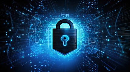 Aufkleber - Cyber security concept: Shield With Keyhole icon on digital data background. Illustrates cyber data security or information privacy idea. Blue abstract hi speed internet technology.
