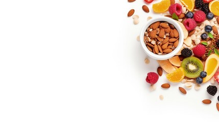 Aufkleber - Muesli bowl, organic ingredients for healthy breakfast Granola, nuts, dried fruits, oatmeal, whole grain flakes on white background. Copy space, banner