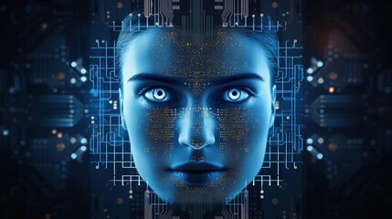 Aufkleber - Deep Learning concept, human face on processor chip between digital rays on blue background.