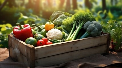 Wall Mural - Fresh organic vegetables in a wooden box on the background of a vegetable garden.Cabbage, pepper, eggplant, carrot, cucumber.Raw healthy food concept. Concept of biological, bio products, bio ecology