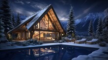 3d Rendering Of Modern Cozy Chalet With Pool And Parking For Sale Or Rent. Beautiful Forest Mountains On Background. Massive Timber Beams Columns. Cool Winter Night With Stars In Sky.