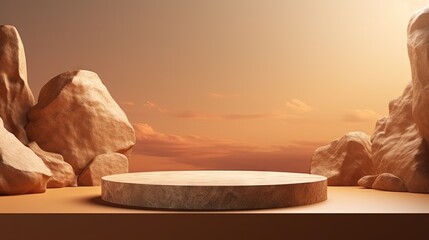 Aufkleber - 3D podium stone display on brown background. Beige rock, cosmetic beauty product promotion pedestal with sun shadow. Nature landscape showcase. Abstract minimal studio 3D render
