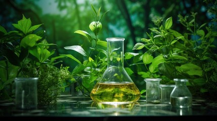 Poster - Natural organic extraction and green herbal leaves, Flower aroma essence solution in laboratory.