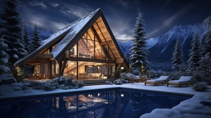 Poster - 3d rendering of modern cozy chalet with pool and parking for sale or rent. Beautiful forest mountains on background. Massive timber beams columns. Cool winter night with stars in sky.