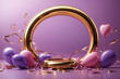 Golden circle and balloons valentines day 3d purple background generative Ai