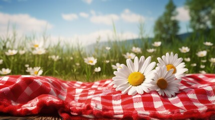 Poster - Red picnic cloth. Red checked picnic blanket on a meadow with daisies in bloom. Beautiful backdrop for your product placement or montage.