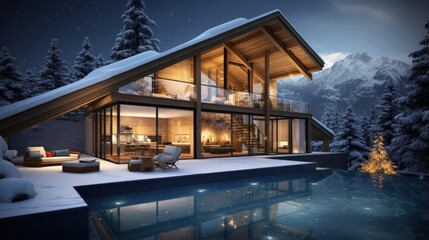 Poster - 3d rendering of modern cozy chalet with pool and parking for sale or rent. Beautiful forest mountains on background. Massive timber beams columns. Cool winter night with stars in sky.
