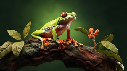 Tree frog on branch, Gliding frog (Rhacophorus reinwardtii) sitting on branch, Javan tree frog on green leaf, Indonesian tree frog,