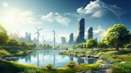 Poster - Renewable energy concept, Environmentally sustainability ecological, City on island with forest, Electricity from wind power generators, Solar panels, Green power technology connected to smart urban.