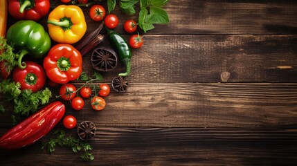 Aufkleber - ingredients for cooking vegetarian food, tomatoes, butter, herbs, colorful peppers on wooden rustic background top view border, place for text