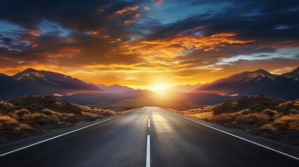 Fototapete - Straight asphalt road and mountain with sky clouds background at sunset