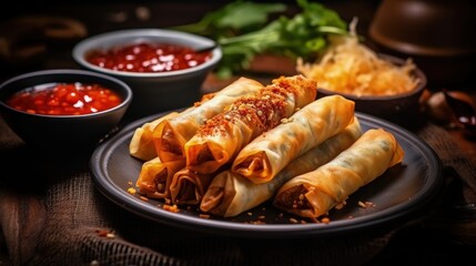 Sticker - Deep fried crispy Spring rolls and fried Tofu, served with sweet and spicy chili sauce. Vegetarian food for Vegetarian festival. Selective focus