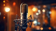 Recording studio microphone with acoustic foam background, music or broadcast banner with copy space