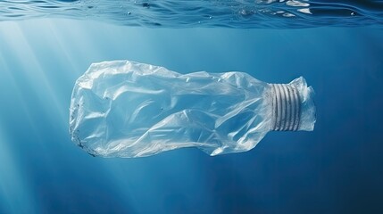 Poster - Empty rumpled used plastic bottle on blue background. Top view, copy space. Pollution, environmental protection concept. Reuse garbage, recycle, plastic free. Earth, world water day.