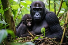 Mother Gorilla With Her Infant In The Jungle