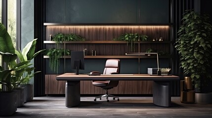 Poster - single workplace in the modern office. business office in Ecostyle. table and armchair in the chief's office