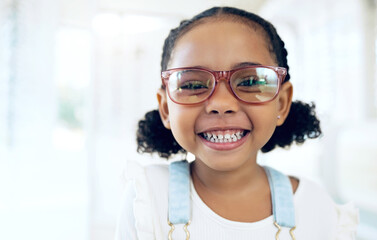 Canvas Print - Store portrait, happy child and vision eyeglasses, lens frame or optical eyewear for youth ocular wellness, support or optometry. Retail product, visual accessory and young kid for eye care glasses