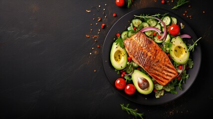 Wall Mural - Salmon fish steak grilled, avocado and fresh vegetable salad. Ketogenic diet. Low carb high fat breakfast. Healthy food concept. place for text, top view.