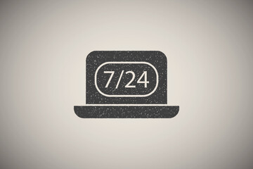 Poster - Laptop 7/24 contact icon vector illustration in stamp style