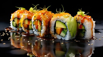 Aufkleber - Maki rolls california with rice and avocado, cucumber, with spicy sauce. Appetizing vegan dish on a black background. Sushi spring rolls asian dish for street food menu.
