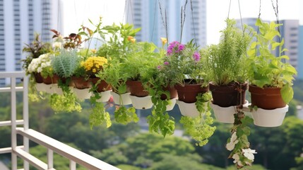 Poster - Home grown flowers and herbs in the hanging pots at balcony at Ang Mo Kio area. Growing a garden in a sharing apartment's balcony/corridor is popular in Singapore. Great for urban farm publications