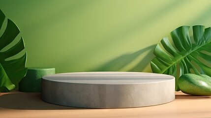 Aufkleber - 3D wooden podium display with leaf shadow. Copy space green background. Cosmetics or beauty product promotion mockup. Natural stone step pedestal. Trendy minimalist banner, 3D render illustration.