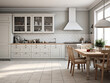 Spacious grey kitchen with furniture, interior, design. AI Generation.