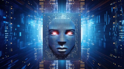 Aufkleber - Deep Learning concept, human face on processor chip between digital rays on blue background.
