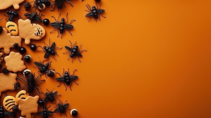 Canvas Print - Gingerbread Halloween cookies, black ants decorations and wooden sign trick or treat on an orange background. Halloween concept