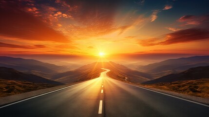 Poster - Empty long mountain road to the horizon on a sunny summer day at bright sunset