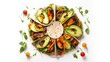 Open vegan tortilla wraps with sweet potato, beans, avocado, tomatoes, pumpkin and seedlings on a white background, top view, flat lay. Healthy vegan food concept.