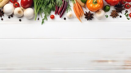 Poster - Vegetables, spices and herbs on a white wooden background. Kitchen background. Top view. Free space for text.