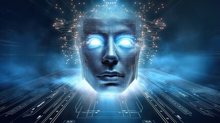 Aufkleber - Deep Learning concept, human face on processor chip between digital rays on blue background.