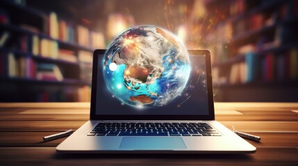 Poster - E-learning online education or internet encyclopedia concept. Open laptop and book compilation in a classroom. 3d illustration