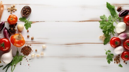Poster - Vegetables, spices and herbs on a white wooden background. Kitchen background. Top view. Free space for text.
