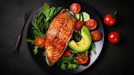 Aufkleber - Salmon fish steak grilled, avocado and fresh vegetable salad. Ketogenic diet. Low carb high fat breakfast. Healthy food concept. place for text, top view.