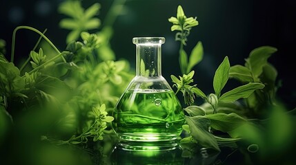 Poster - Natural organic extraction and green herbal leaves, Flower aroma essence solution in laboratory.