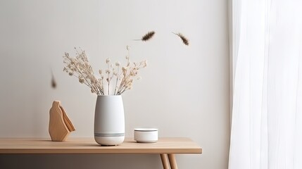 Poster - Air humidifier, figurine and vase with dried flowers on the white shelf. Minimalistic Scandinavian interior. Selecive focus, copy space